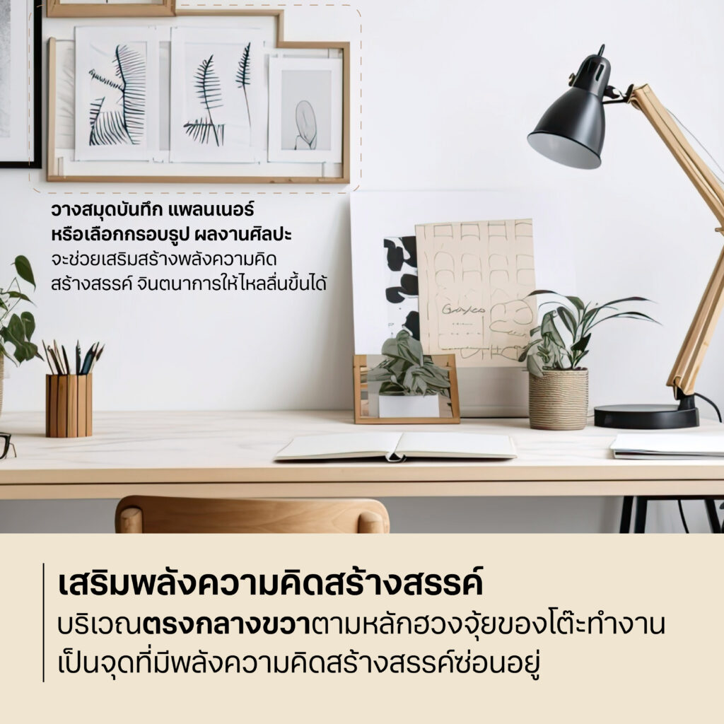 ตามหลักฮวงจุ้ยของโต๊ะทำงาน บริเวณตรงกลางขวาเป็นจุดที่มีพลังความคิดสร้างสรรค์ซ่อนอยู่