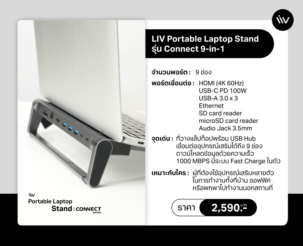 LIV Portable Laptop Stand USB Hub ที่มาพร้อมกับที่วางแล็ปท็อปในตัว พับเก็บได้ พกพาสะดวก