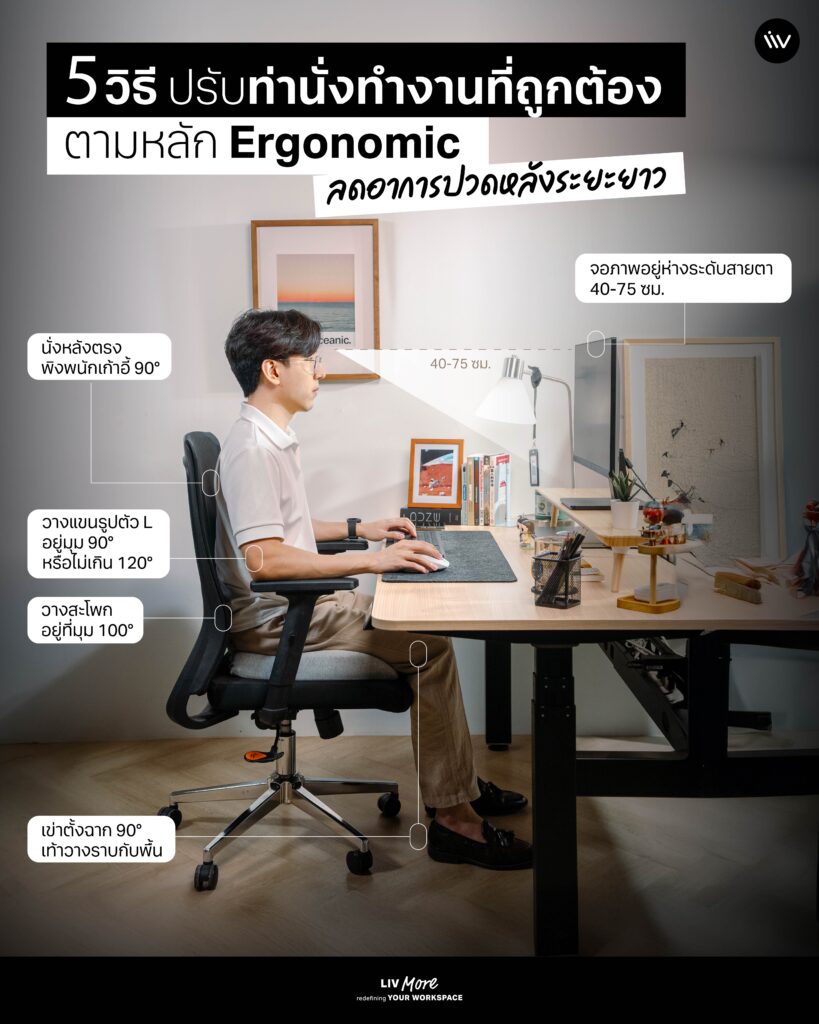 5 วิธีปรับท่านั่งทำงานที่ถูกต้องตามหลัก Ergonomic ลดอาการปวดหลังเวลาทำงาน