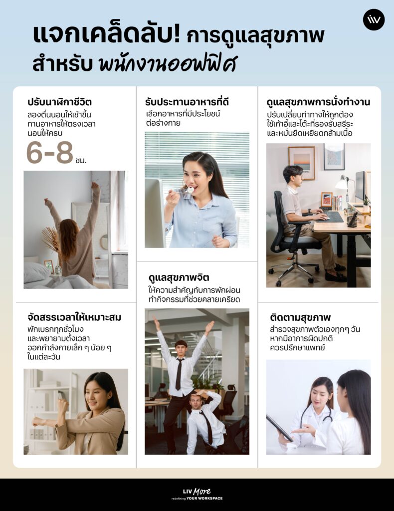 แนะนำเคล็ดลับการดูแลสุขภาพสำหรับพนักงานออฟฟิศเพื่อป้องกันโรคต่างๆ จากการทำงาน
